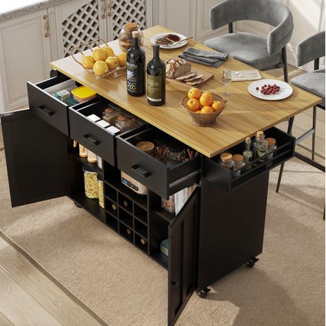 Carrello da Cucina 104x39,5x91,5 cm Nero in MDF, Piano Ribaltabile 65 cm e Contenitori (1/5)