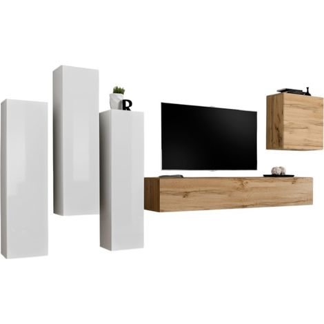 Ensemble de meubles de salon design collection SWITCH III. Coloris blanc brillant et chêne Wotan