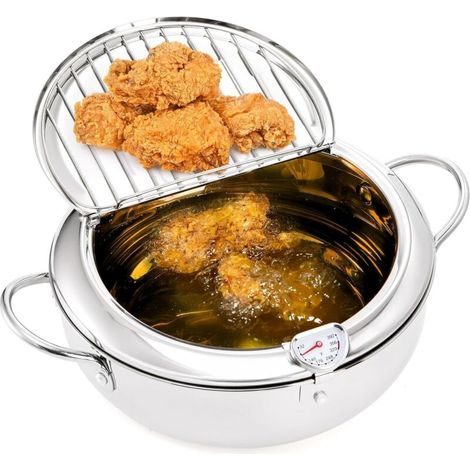 Frying Pan, Stainless Steel Stock Pot with Oil Drain, Temperature Control and Lid, Tempura Fryer for Gas/Induction Hobs, for French Fries and Chicken (20cm) (1/4)