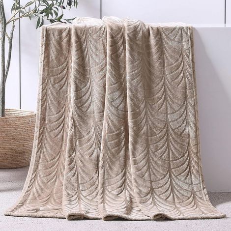 Couverture douillette à motif de feuilles - Couverture chaude en flanelle 150 x 200 cm beige (1/5)