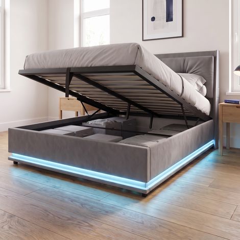 Lit coffre double 160x200 cm avec LED et USB, Lit adulte en velours avec sommier, style moderne, Gris (1/5)
