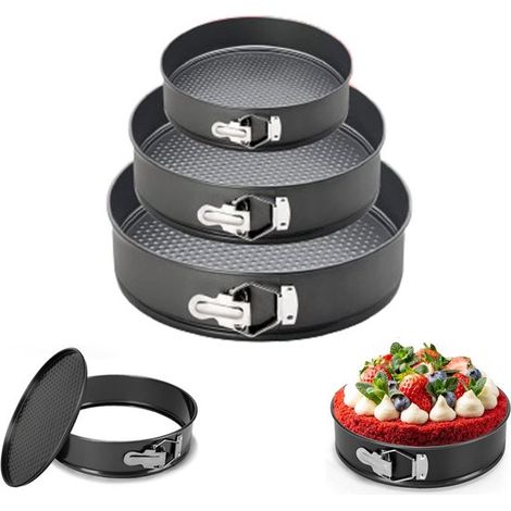 Lot de 3 moules à charnière ronds en métal, Ø20, 22 et 24 cm, revêtement antiadhésif et fond amovible, cuisson uniforme, compatibles lave-vaisselle, noir (1/5)