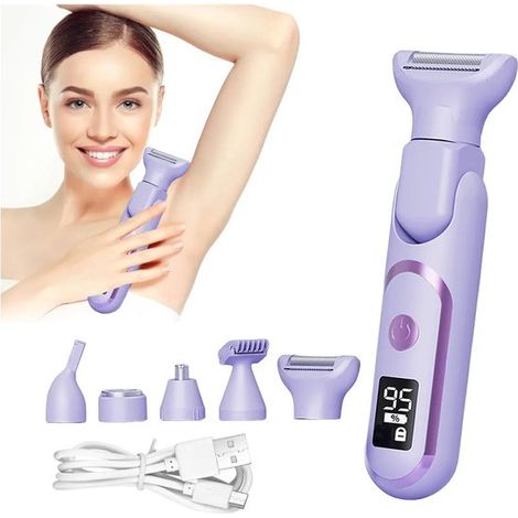 Épilateur 5-en-1 – Violet – Rechargeable – Étanche – Visage, jambes, corps – 17x5 cm – Femme (1/5)