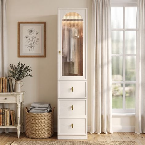 Armoire chambre 45x48x200 cm, Armoire dressing gain de place, avec LED et 3 tiroirs, MDF et verre cannelé moderne, Blanc (1/5)