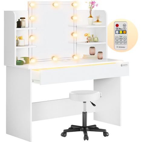 CASARIA® Schminktisch Lucia mit Hocker Schublade 3 Fächer inkl. Distanzsensor Spiegel 4 offene Ablagen Frisiertisch Kosmetiktisch 108x40cm Weiß  mit LED und Hocker