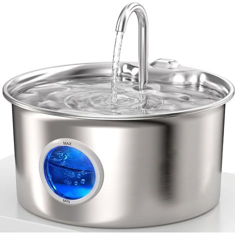 Fontaine à Eau Chat INOX 304, Fontaine à Eau pour Chat Automatique 2,2 L, Distributeur d'eau Chat Ultra Silencieux avec Fenêtre de Niveau d'eau, Triple Filtration, Brosse de Nettoyage, 2 Filtres (1/5)