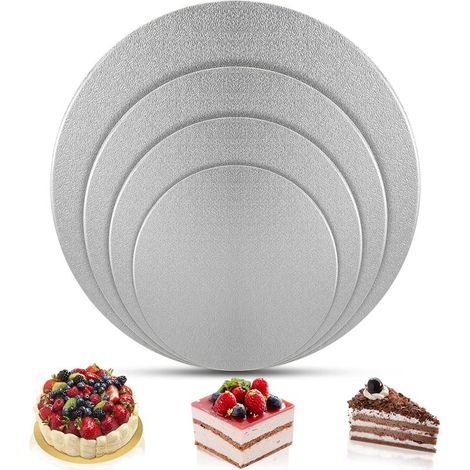 Lot de 4 planches à gâteaux rondes, assiettes à gâteaux rondes, Ø20 + 25 + 30 + 35 cm, tapis à gâteaux pour le transport des gâteaux et tartes argent-Fei Yu (1/5)