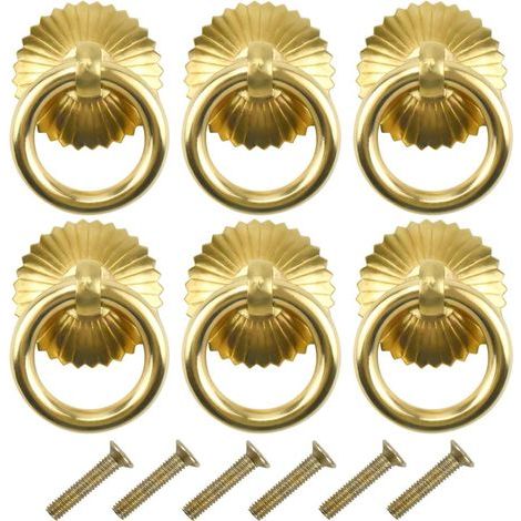 6 pcs Poignee de Meuble Vintage, Tiroir Bague Poignée de Traction, Poignées de Tirage Antique, Bouton de Meuble pour Cuisine Armoire Placard Commode Porte (Laiton) (1/5)
