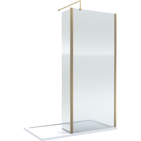 8mm Fluted Glass Walk In Wetroom Screen and Hinged Return with Brushed Brass Profile and Shower Tray - 1400 x 800mm