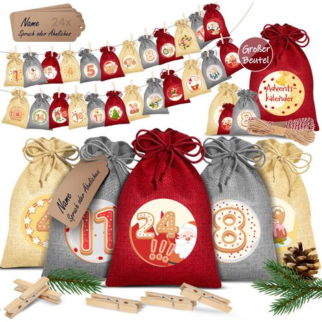 KESSER® Calendario dell'Avvento da riempire con 24 sacchetti di iuta Sacchetti in tessuto stampato Calendario di Natale per bambini da riempire da soli Incl. 24x cartellini Rosso / 14x10cm (1/5)