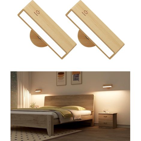 Lot de 2 Applique Murale Intérieure Bois,Lampe Murale Sans Fil Rechargeable USB,Réglage de La Luminosité Applique Murale Sans Fil Chambre (1/5)