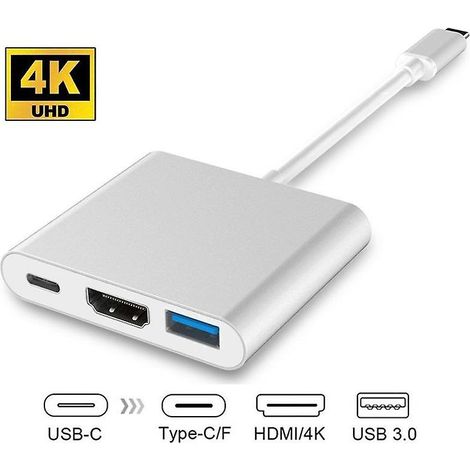 Adaptateur hub USB Type-C vers HDMI 4K 3-en-1 (Argent) / Boîtier en alliage d'aluminium / Adaptateur hub USB C 3.1 (1/3)