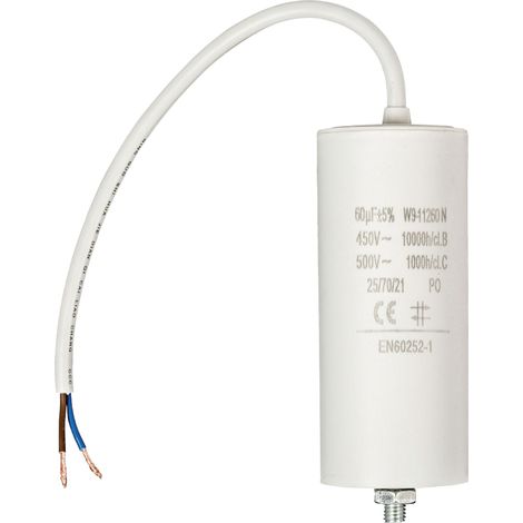 Condensador arranque motor electrico 60.0 uF 450 V con cable  Blanco