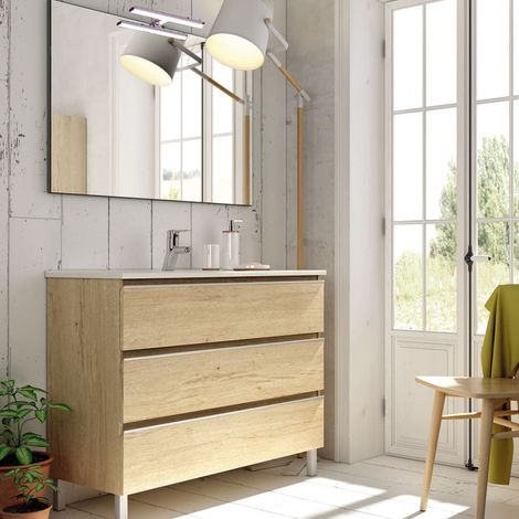 Meuble de salle de bain 70cm simple vasque - 3 tiroirs - bambou (chêne clair) - PALMA (1/5)