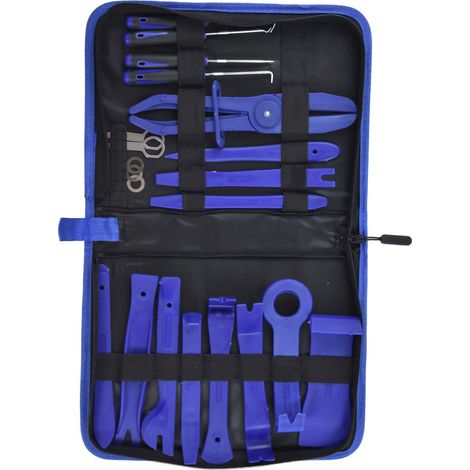 Lot de 21 outils démontage carrosserie pour voiture, garniture porte radio tableau bord, kit réparation bleu nylon (1/5)