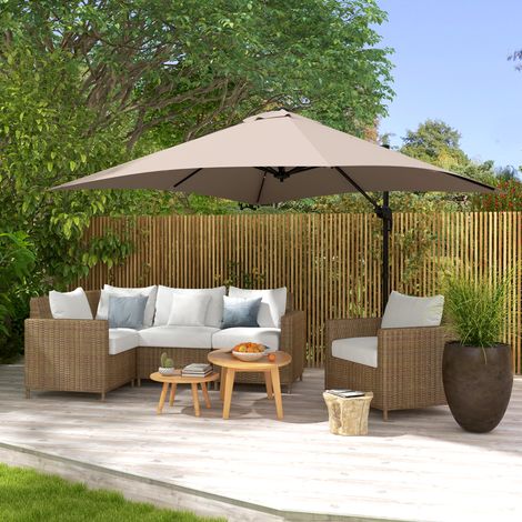 3x3 m großer Sonnenschirm mit 8 Streben, Pedal und Kurbel, aus Aluminium und Polyester, khakifarben