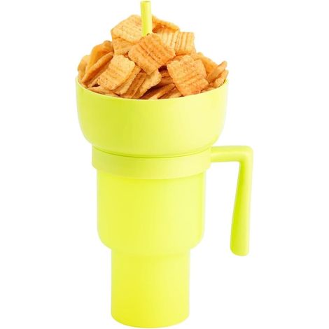 Gobelet 2 en 1 pour boissons et collations, style stade, bol à collations avec paille, réutilisable et jaune (1/5)