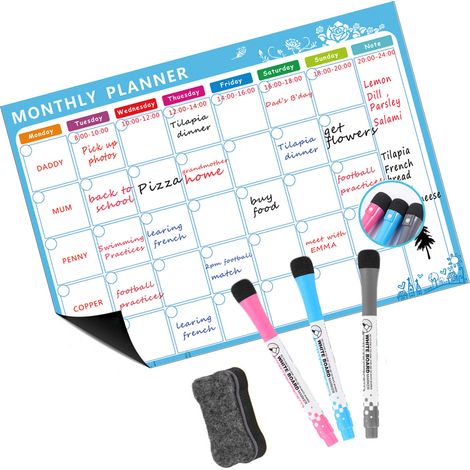Tableau blanc magnétique LZ00587-4 A3 pour réfrigérateur, effaçable pour la planification hebdomadaire et mensuelle, tableau de messages familiaux avec 3 stylos + effaceur (1/5)