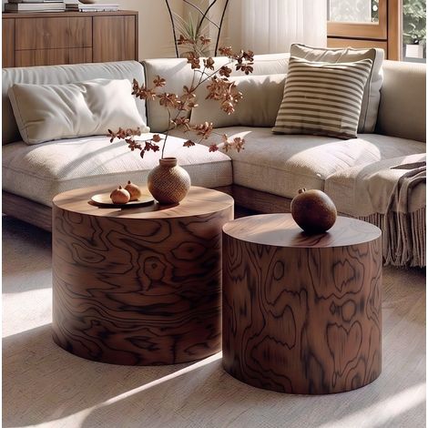Set di 2 tavolini rotondi impilabili Ø48/38 cm, stile tronco d'albero, struttura stabile, legno marrone scuro (1/5)