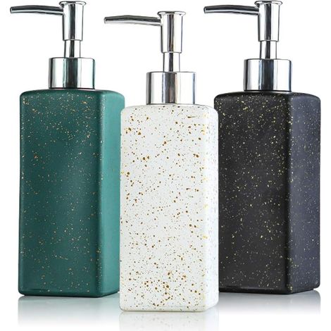 Lot de 3 distributeurs de Savon pour Les Mains et la Vaisselle, 350 ML, Bouteille à Pompe carrée Rechargeable en Verre de qualité supérieure pour Salle de Bain, comptoir et évier de Cuisine (1/5)