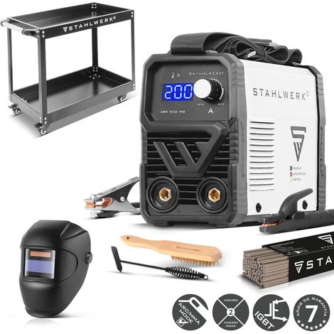 STAHLWERK Soldadora de electrodos ARC 200 MD – Equipo completo con carro – MMA (Electrodo) 200 A, uso flexible sin gas, compacta y ligera, refrigeración inteligente, Hotstart, función Anti-Stick
