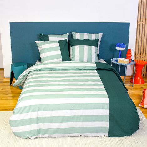 Juego de cama de algodón con estampado de rayas, 2 plazas, blanco y verde
