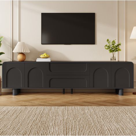 MODFU – Meuble TV 180x40x46 cm MDF noir – 4 portes et 2 tiroirs – Motif arche embossé – Passe-câbles – Noir (1/5)