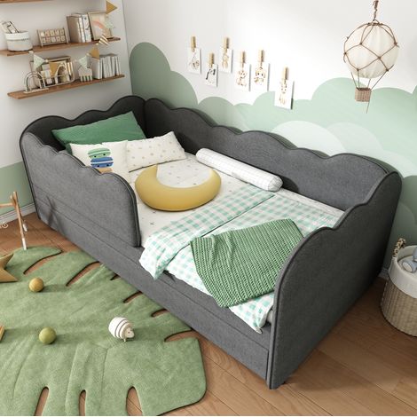 DESVIAE Lit de jour enfant avec lit gigogne 90 x 190 cm rembourré en lin gris avec sommier et barrière amovible (1/5)