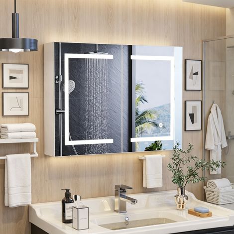 JOOKGBD-Armadio da Toilette con Specchio LED Antiappannamento,doppia anta,ripiano regolabile,controllo tattile,luminosità regolabile,colore regolabile,bianco,80x13.5x60 cm