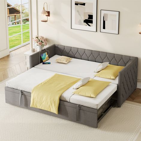 Linen Upholstered Daybed with Charging Station - 3ft Single Sofa Bed with USB & Type-C Ports, Pull-Out Trundle Bed, Button-Tufted Design for Living Room/Bedroom/Study Room, Grey (No Mattress)