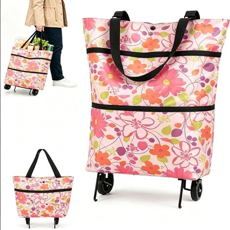Mini chariot de courses Irovami, pliable et portable grâce à ses roulettes, livré avec un sac cabas imperméable pour les courses au supermarché - Motif Rich Flower (1/5)