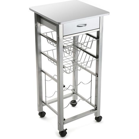 Carrello in acciaio portatutto da cucina con portabottiglie 2 cestini cassetto (1/5)