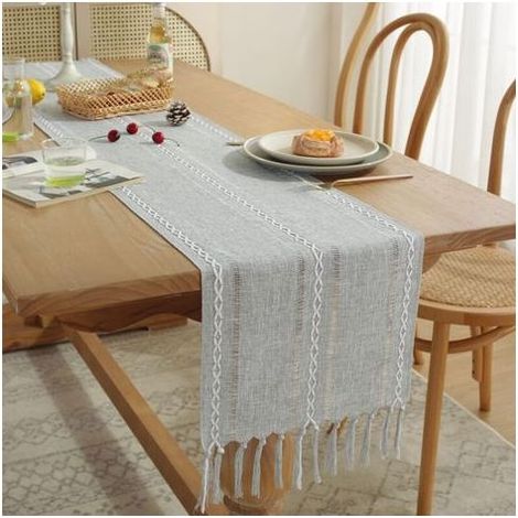 Chemin de Table Chemin de Table en Macramé avec Glands, Chemin de Table Vintage pour Maison Ferme Table à Manger Moderne Décor de Table (gris 33x200cm) (1/5)