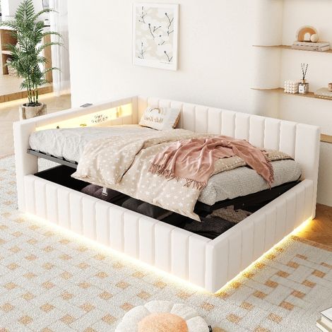 Polsterbett 140x200 mit hydraulischem Stauraum, LED-Beleuchtung und USB-Ladeanschluss, Doppelbett mit Lattenrost und Bettkasten, Samt Beige (1/5)