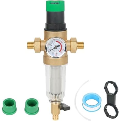 Filtre de rinçage, réducteur de pression, filtre à eau avec manomètre, réducteur de pression d'eau, pré-filtre à sédiments, filtre fin rinçable, filtre à eau Spin Down Sediment (1" avec adaptateur (1/5)