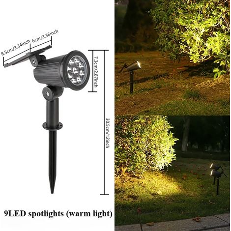 Projecteurs solaires KDULIT (9 LED, lumière chaude), orientables à 150°, pour jardin, cour, pelouse, extérieur, étanches, décoration paysagère, lampadaire. (1/5)