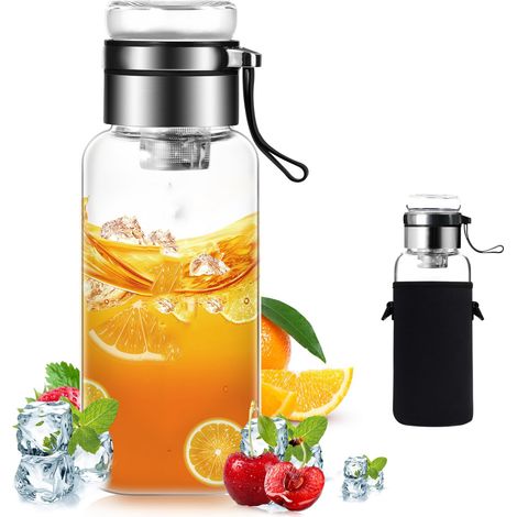 1 Bouteille en verre, couvercle en verre, passoire inox, housse néoprène, pour eau et thé (1/5)