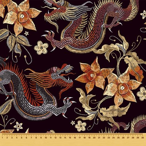 Tissu d'extérieur décoratif Oxford - motif dragon sur fond noir (1/5)