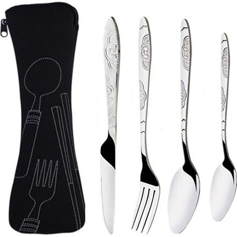 Lot de 4 Couverts de Camping, Ensemble de Couverts Transportables, Couverts en Acier Inoxydable avec Sac en Néoprène Idéal pour les Voyages et le Camping (Noir) (1/5)