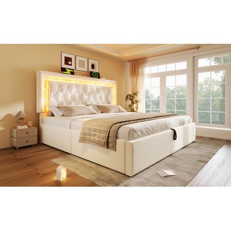 Lit double 140x200 velours avec tête de lit LED, usbtype-c, rangement hydraulique, sans matelas (1/5)