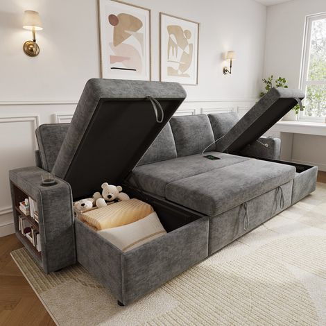 Canapé d'angle convertible en U con porte-gobelet,port USB et tablette d'accoudoir,canapé lit avec rangement,canapé 4 places en chenille,Gris (1/5)