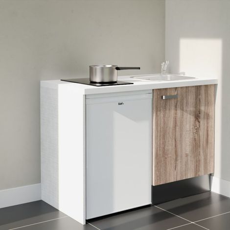 Kitchenette K08L-PT - 120 cm - plan stratifié, évier inox, - Façade Bois - Plan Blanc - Crédences Non + Electroménager inclus coloris Blanc