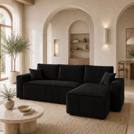 AMBRI - Canapé d’angle convertible en velours côtelé - 4 places - 235 cm - Noir (1/5)
