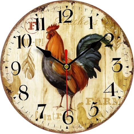 1 Horloge Murale 20cm Motif Coq Silencieuse Quartz MDF Cuisine Salon Décor Rustique (1/5)