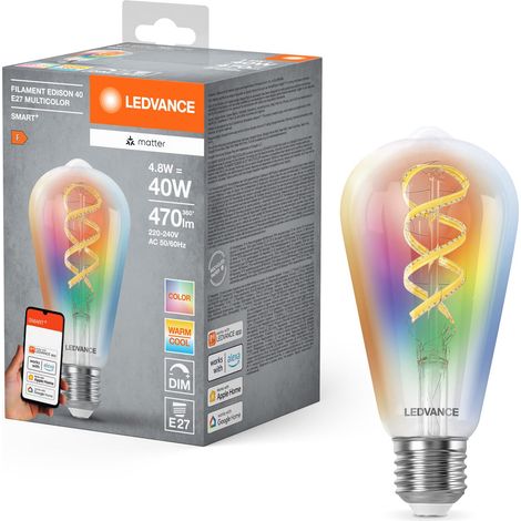 Ledvance Lampada Led Smart+ Matter, Vetro Chiaro a Filamento, 4,8W, 470Lm, Edison E27, Luce Colorata e Bianca, Compatibile con Google, Alexa, Apple, App o Controllo Vocale, Durata Fino a 15.000 Ore (1/5)