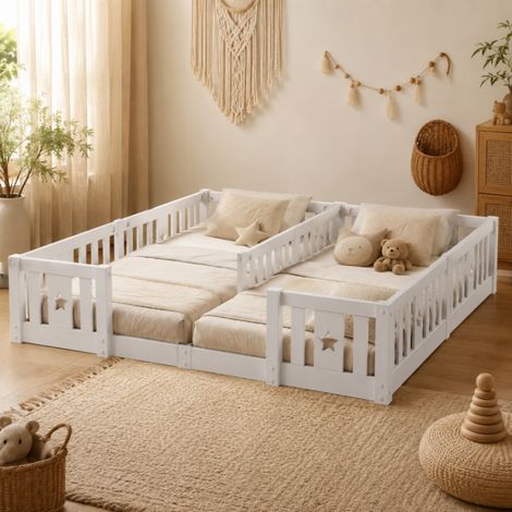 Lit Montessori, lit enfant double 180x200 cm, Lit au Sol avec Barrière de Sécurité, pour Garçons et Filles, Enfants et Bébés, sans matelas, bois, Blanc (1/5)