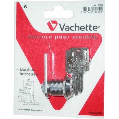 Vachette – Barillet-batteuse à paillettes courte – Compatible meubles métalliques – Finition chromée – 2 clés universelles – Longueur 31mm