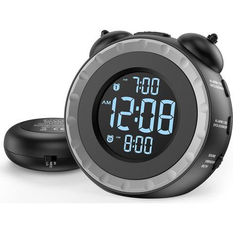 Réveil double puissant avec fonction de bercement du lit - Variateur de volume - Alarme vibrante - Convient aux personnes au sommeil profond ou malentendantes, facile à installer, port de chargement U (1/5)