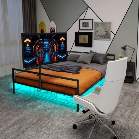Cama de metal negra con iluminación LED regulable, soporte ajustable para monitor y cesta de almacenamiento (1/5)
