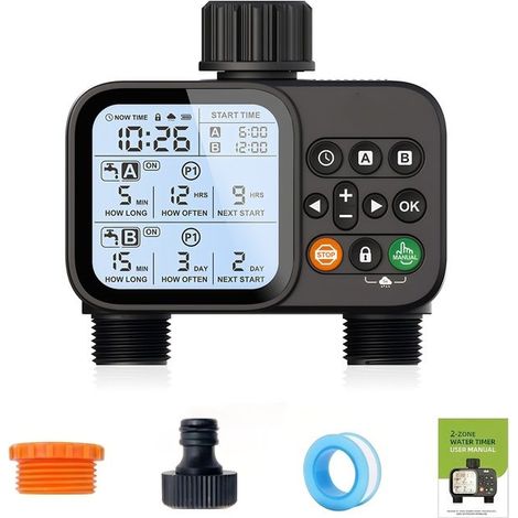 Timer di irrigazione a 2 zone – 8 programmi – ampio schermo LCD da 3,3" – funzione automatica di ritardo pioggia – prato e piante (1/5)